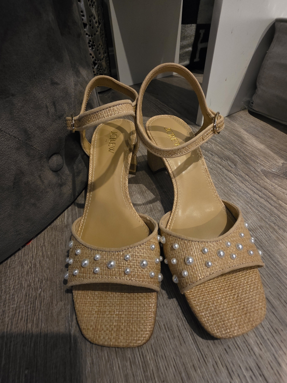 J. Crew Tan Pearl-Studded Woven Block Heel Sandals